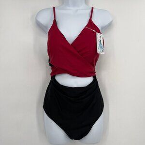 Jusfitsu Black & Red Wrap Style One-Piece Swimsuit – Size XL